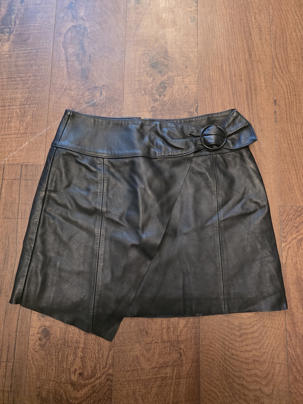 Gianni Bini Genuine Leather Black Assymetrical Patty Wrap Mini Skirt